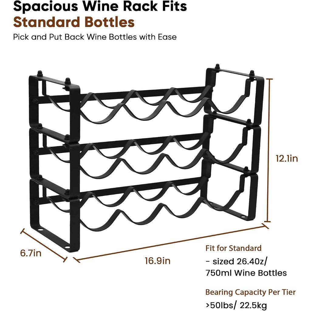 Wine Rack For Countertop – Stackable Freestanding Bottle Organizer For Kitchen, Pantry, Bar Cabinet & Small Spaces – Compact Metal Shelf & Modular Storage Stand (3-Tier)