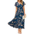 Simplee Womens Floral Maxi Dress - Short Sleeve Summer Boho Wedding Guest Dress Empire Waist Chiffon Modest Midi Dresses