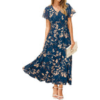 Simplee Womens Floral Maxi Dress - Short Sleeve Summer Boho Wedding Guest Dress Empire Waist Chiffon Modest Midi Dresses