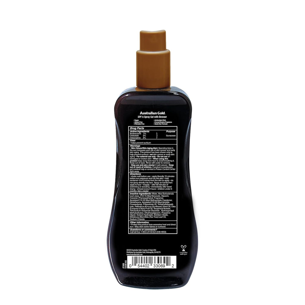 Australian Gold Spray Gel Sunscreen With Instant Bronzer Spf 8, 8 Ounce
