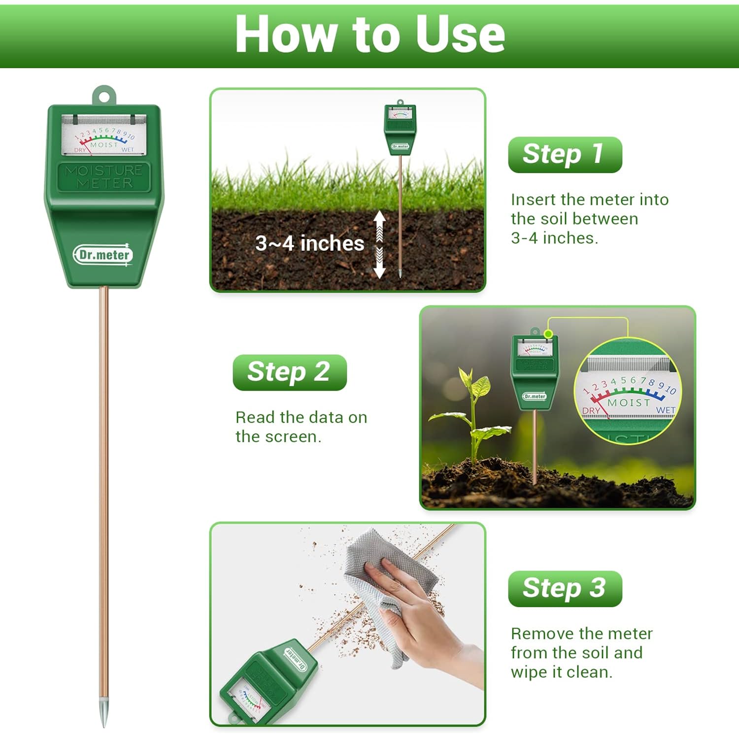 Dr.Meter Soil Moisture Meter, Plant Water Meter For Garden Lawn Farm Indoor & Outdoor Use, Soil Tester Hygrometer Sensor For House Plants, Gardening Gifts, No Battery Needed