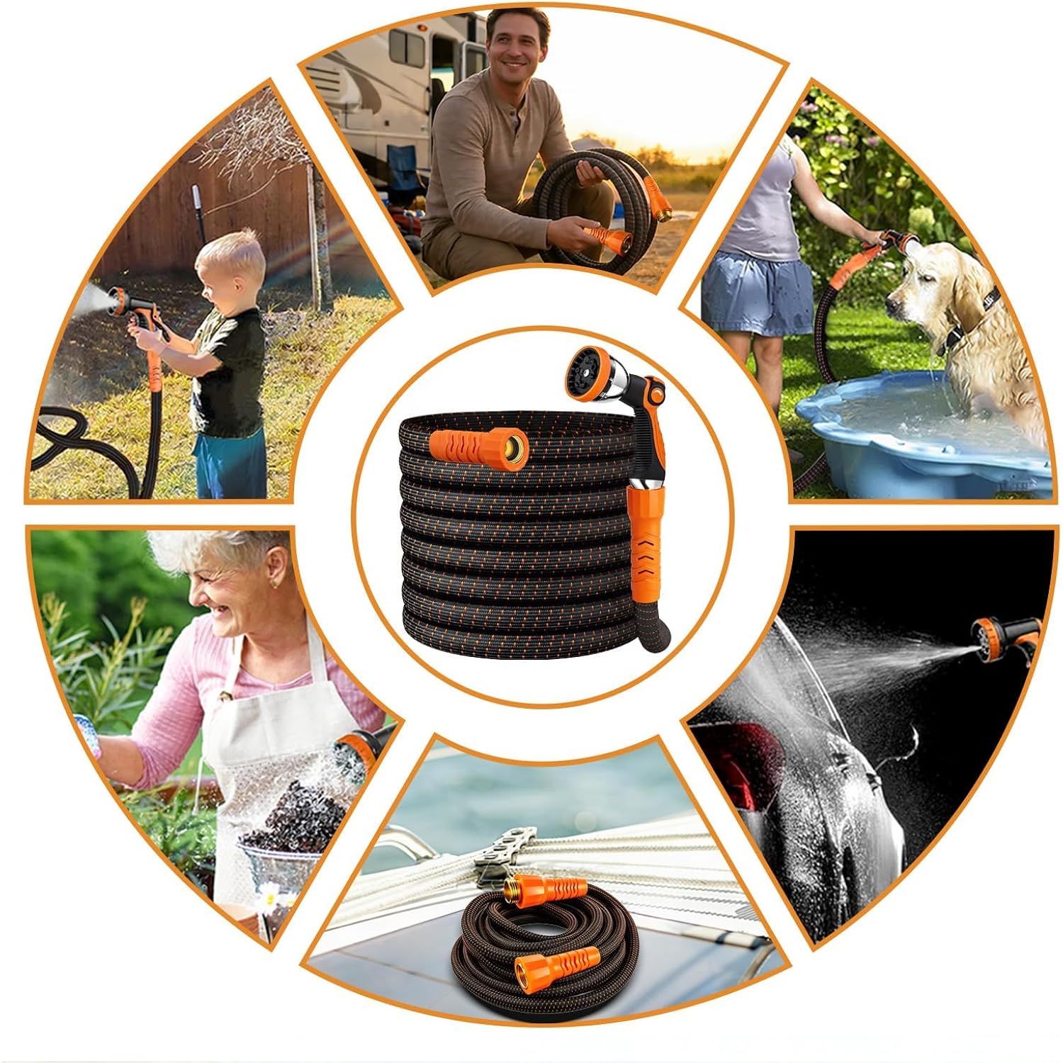 50Ft Flexible Garden Hose & 10Modes Nozzle,Lightweight Water Hose,Kink-Free,All-Weather Heavy Duty Hose For Rv,Boat,Car Wash,Garden,Yard,Camper,Outdoor (Orange-Black, 50 Feet)