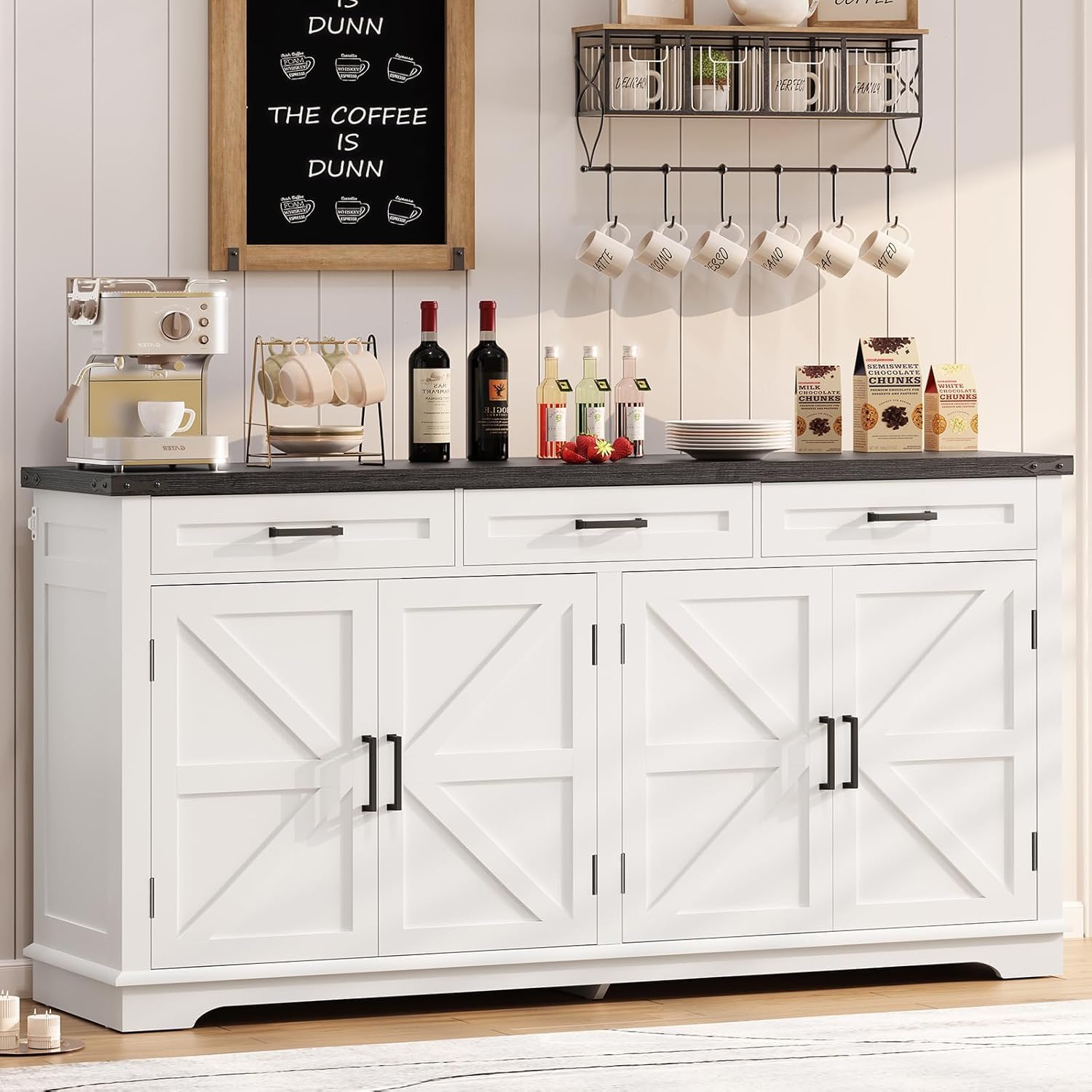 Usikey Large Sideboard Buffet Cabinet With 4 Doors And 3 Drawers, Farmhouse Buffet Table, Dining Room Storage Cabinet For Kitchen Or Living Room, White