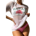 FRYAID Hawaii Sheer Shirt Women Beach Tank Top Los Angeles Graphic T-Shirt Casual Summer Shirts Vacation Tourist Beach Tee White