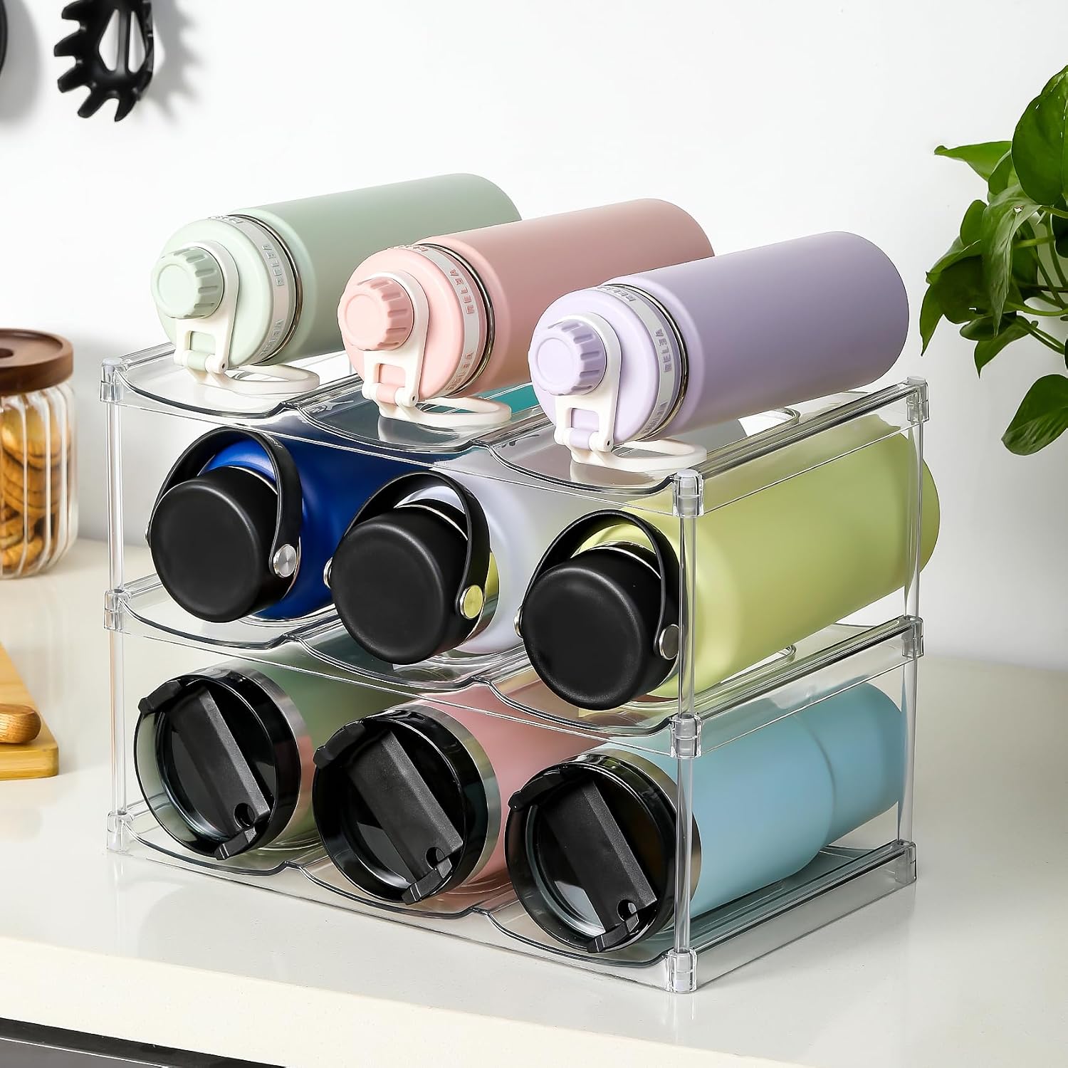 Larger Compartment - Stackable Water Bottle Organizer Holder - For Stanley & Others' Large Tumbler - Clear Wine Rack, Cup Bottle Holder For Cabinet Home Countertop Fridge Pantry Shelf, 3 Tier Hold 9
