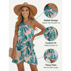 Cupshe Women'S One Shoulder Leaf Print Self-Tie Short Dress Sleeveless Tiered Hem Formal Dress Casual Mini Dress