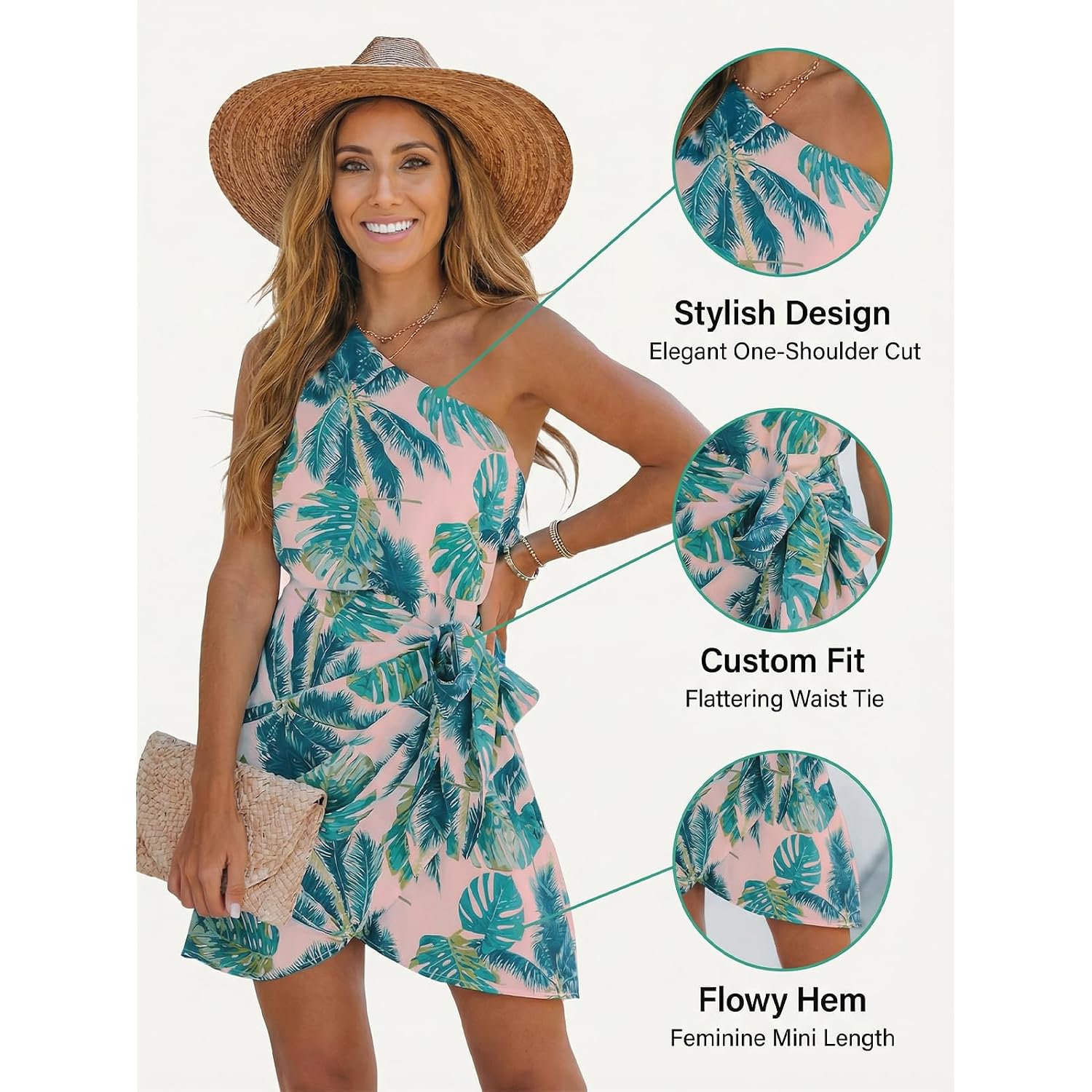 Cupshe Women'S One Shoulder Leaf Print Self-Tie Short Dress Sleeveless Tiered Hem Formal Dress Casual Mini Dress