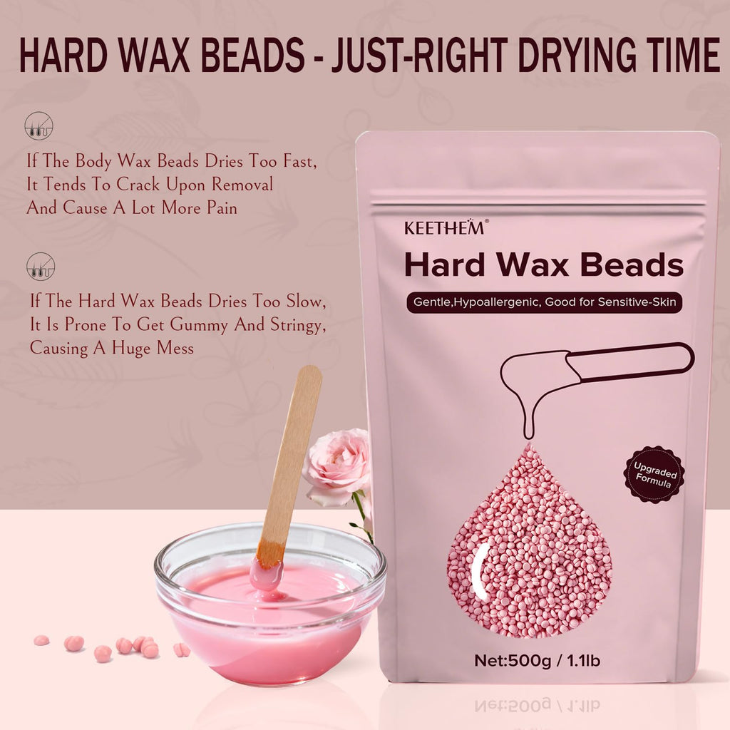 Hard Wax Hair Removal Beads - Painless Waxing for Sensitive Skin, Full Body Wax Beans with 20 Sticks for Women Men Bikini Brazilian, Armpit, Home Use (Rose, 1.1lb/17.6oz)