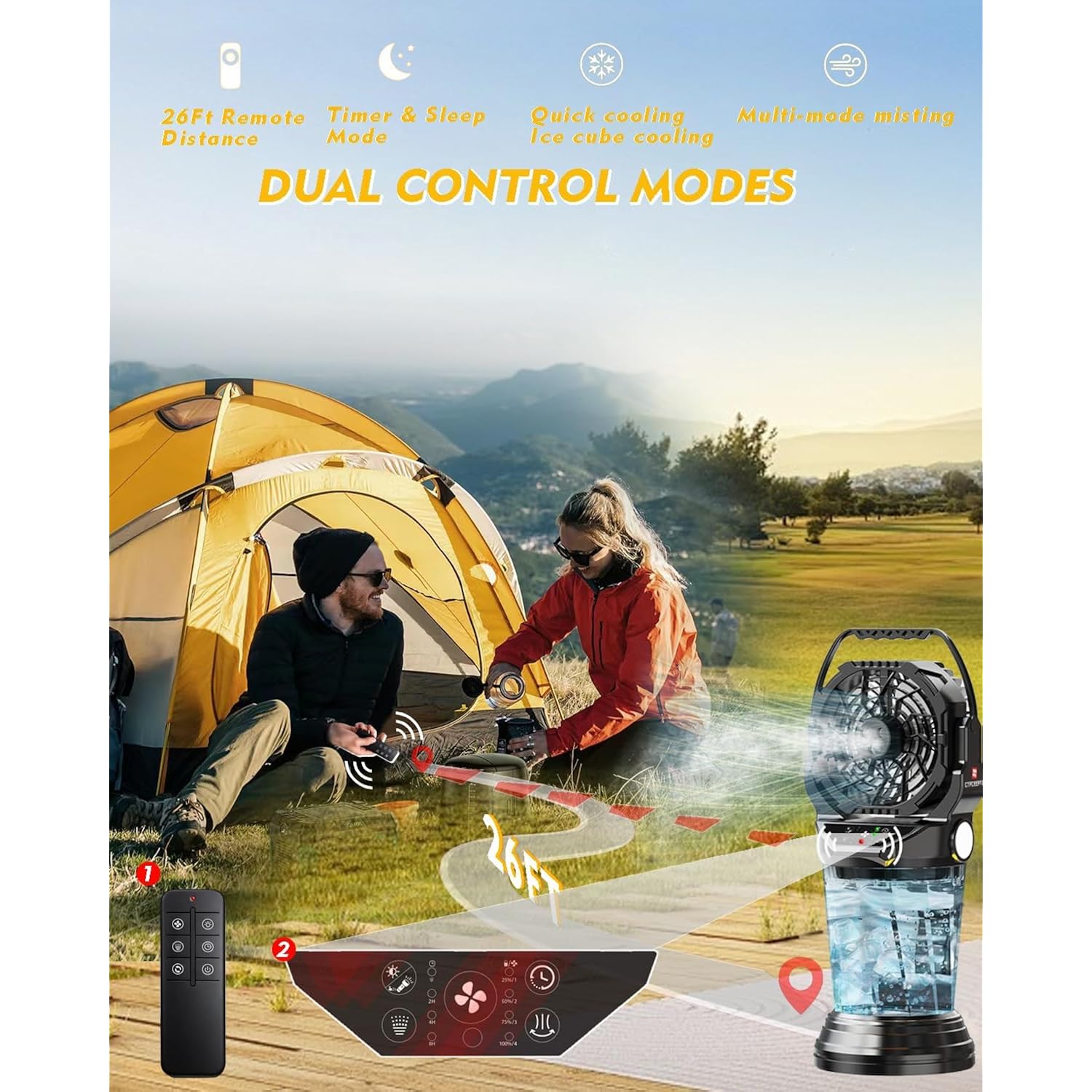 2026 New Portable Misting Fan With 30000Mah Rechargeable Battery, 120° Auto Oscillating Battery Powered Fan, 4 Speeds Spray Fan With Led Ambient Light For Camping, Patio, Outdoor, Travel (Black)