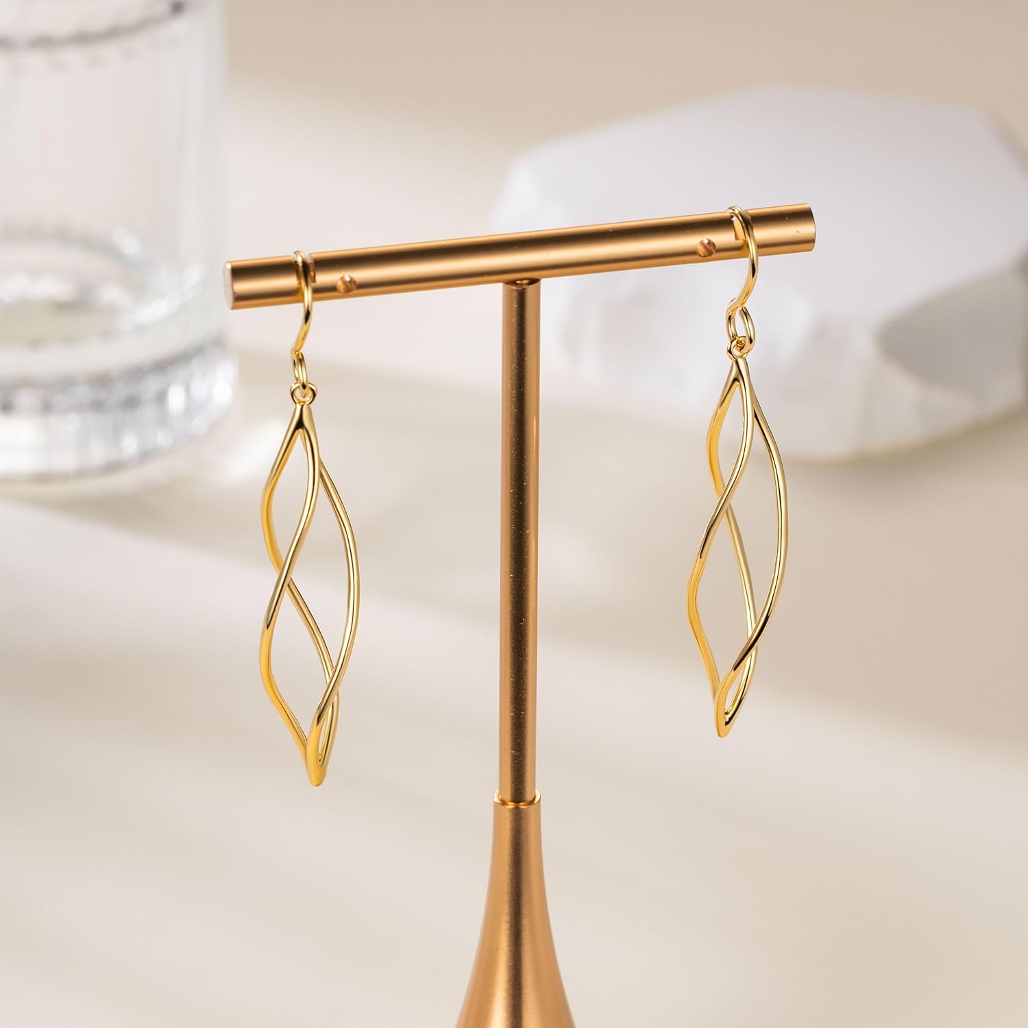 Gold Dangle Earrings 14K Gold Earrings for Women Dangling Earring Sleek Minimalist Twisted Lines Drop Earring for Women Trendy