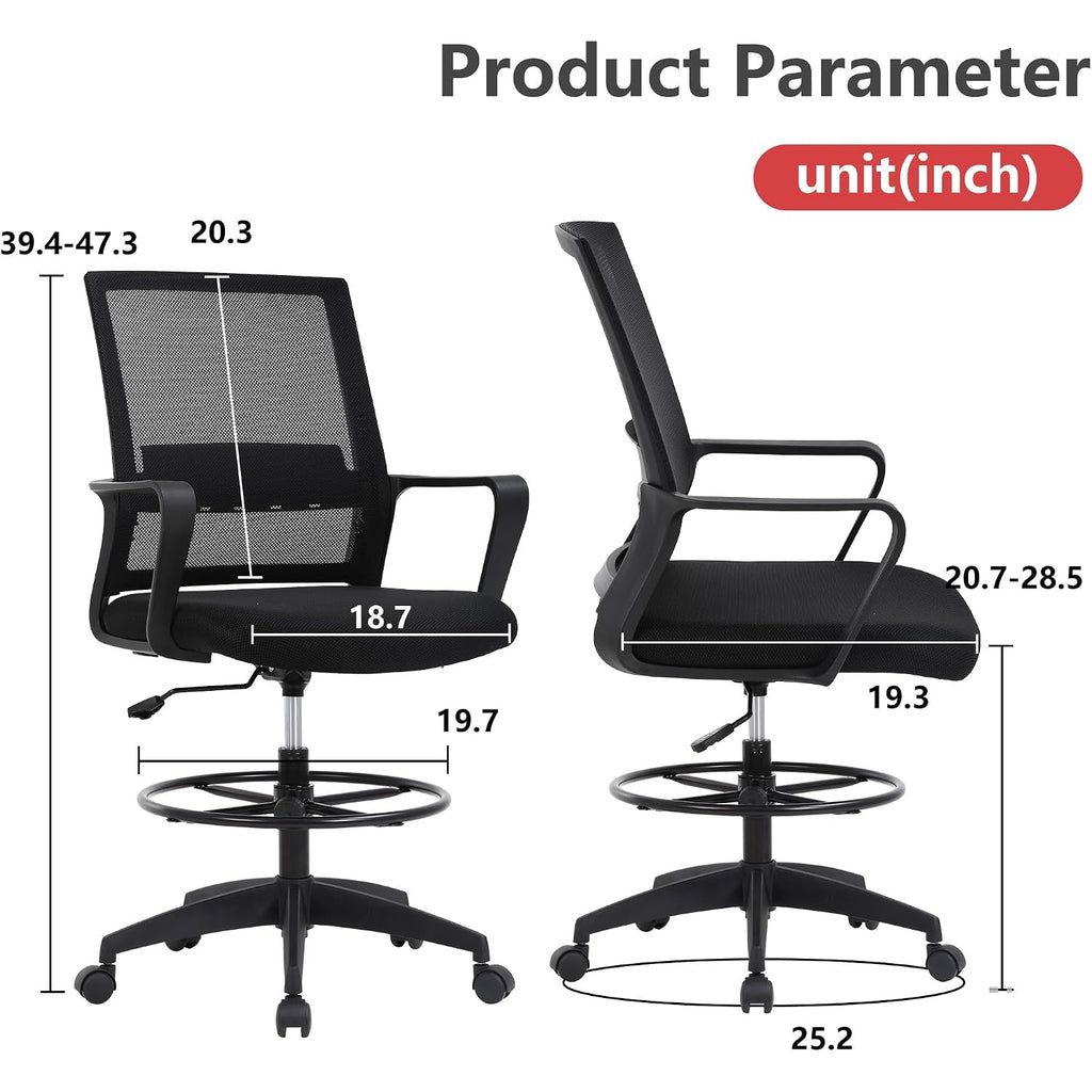 Bestoffice Drafting Chair Tall Office Chair Adjustable Swivel Rolling Mesh Height With Lumbar Support Arms Footrest Mid Back For Adults Standing Desk Drafting Stool(Black)