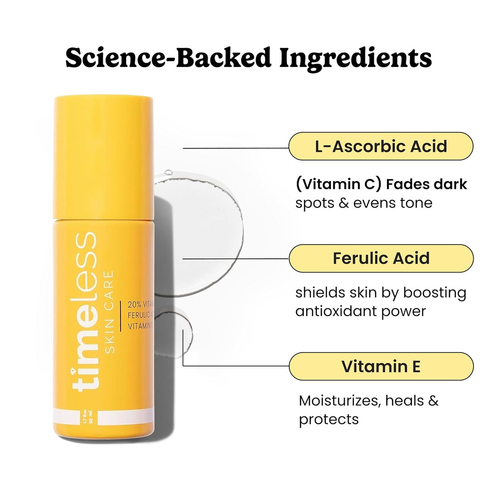 Timeless Skin Care Vitamin C Serum With Vitamin E & Ferulic Acid - Brightening Serum - For Oily & Dry Skin - Fragrance-Free - 1.7 Oz