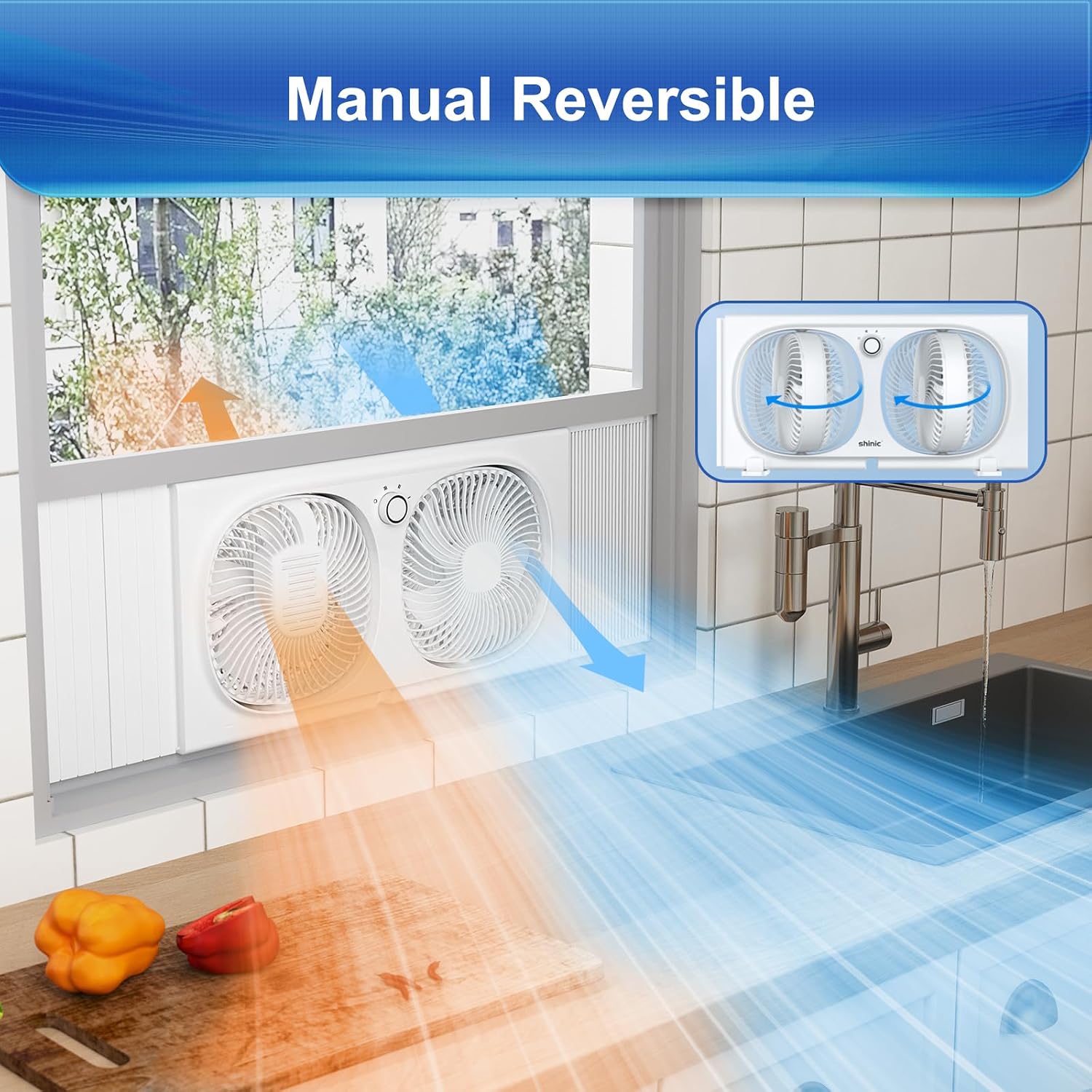 Shinic 3-Speeds Window Fan With 180°+90° Rotatable Fans, Manual Reversible, Vertical Window Fan With Rigid & Accordion Expanders, Width Adjustable (21.65" To 33.27"), Ideal For Home, Kitchen, Bedroom