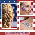 Patriotic Red White and Blue Body Glitter Stick,4th of July Accessories,Sparkling Face Hair Glitter for 4th of July Outfits Women Kids,American Flag Makeup for Independence Day 250 Anniversary