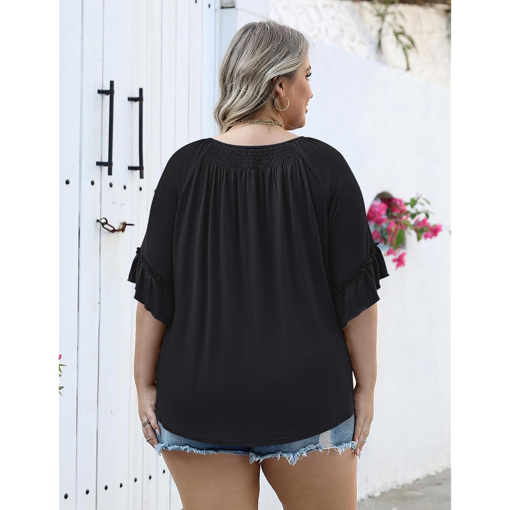 Micoson Womens Plus Size Tops 3/4 Ruffle Sleeve Shirts Crewneck Pleated Blouses Dressy Casual Fashion Tunic Top (1X-5X)