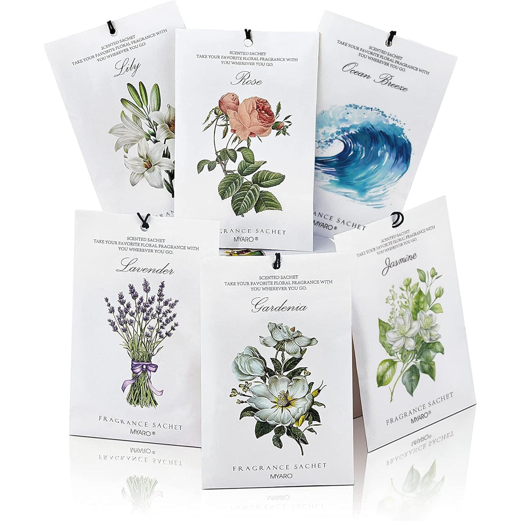 Myaro 12 Pack Assorted Floral Scented Sachets - Lavender, Rose, Jasmine, Ocean, Gardenia & Lily | Drawer, Closet & Car Air Freshener Bags | Multi-Scent Home Fragrance Gift Set