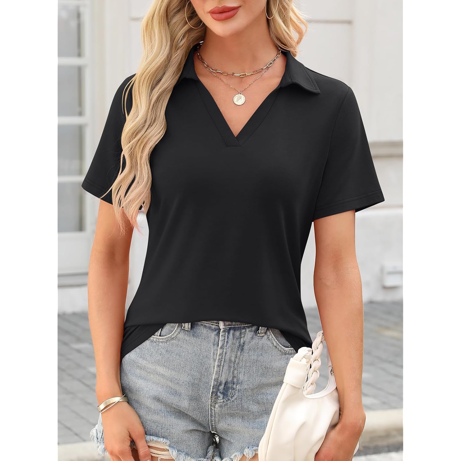 Ticticmiss Women'S Polo Shirts Short Sleeve V Neck Summer Tops Business Casual Collared Shirts Loose Tees