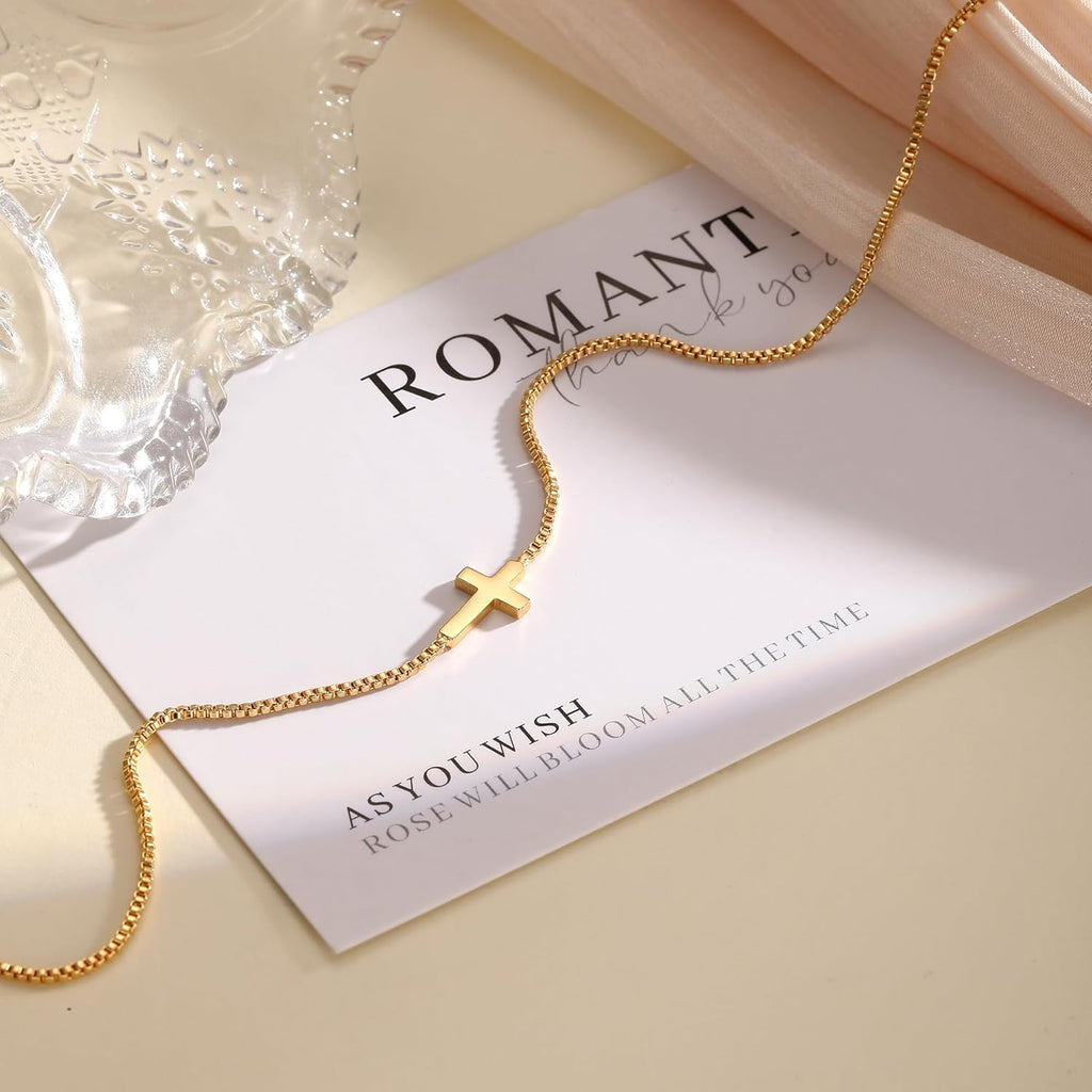 Rotnso Cross Necklace for Women 14K Gold Silver Plated Dainty Small Cross Pendant Choker Simple Trendy Cute Cross Charm Chain Necklace Easter Basket Stuffers Baptism Religious Faith Jewelry Gift