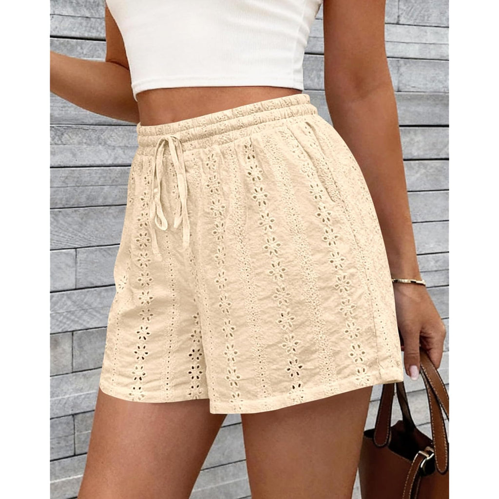 Lace Shorts for Women Summer Cute Boho Eyelet Elastic Waist Drawstring Casual Lounge Shorts Beach Vacation Outfits