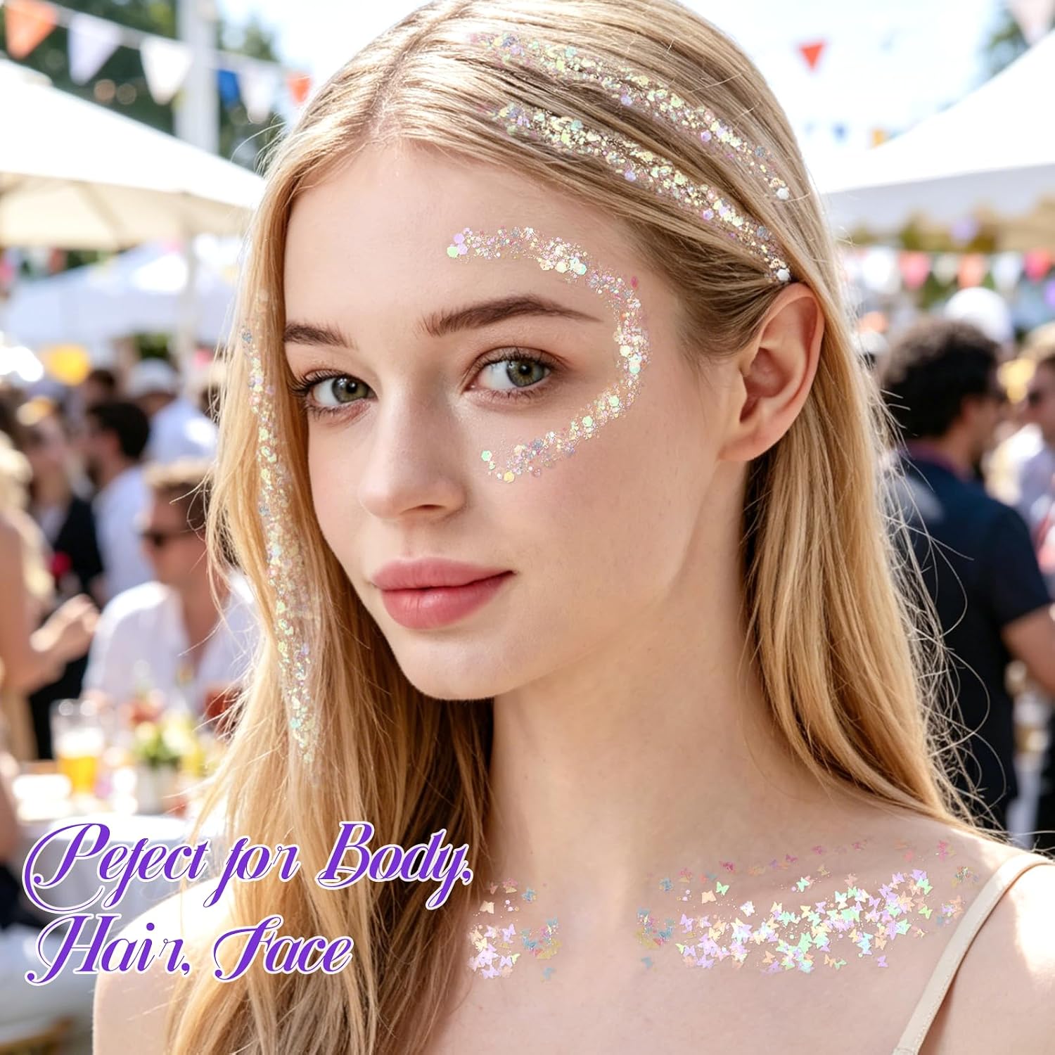 Teenitor Body Glitter With Face Gems Stickers Set, 12 Pots Iridescent White Face Glitter Hair Glitter Gel & 4 Sheets Hair Jewelry For Kids Makeup, Hair Gems & Pearls Mermaid Accessories For Rave