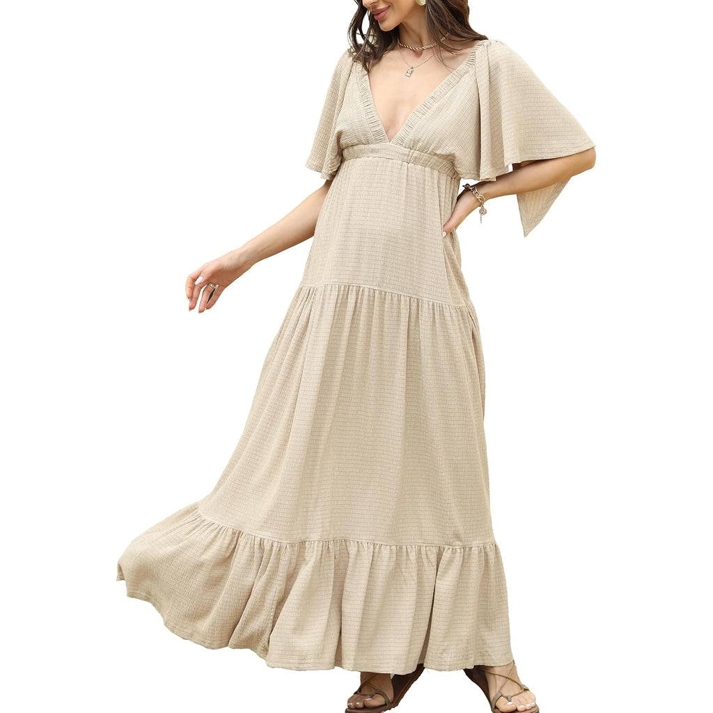 Kikibell Women Summer Dresses Sexy V-Neck Maxi Dress Tiered Silhouette With Flutter Sleeve Backless Elastic Waist Flowy Dress