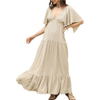 Kikibell Women Summer Dresses Sexy V-Neck Maxi Dress Tiered Silhouette With Flutter Sleeve Backless Elastic Waist Flowy Dress