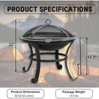 Panovue 22 In Firepit For Outside Outdoor Small Fire Pit,Durable Firepit With Mesh Lid,Log Grate,And Fire Poker,Fire Pit For Outside Backyard.Deck.Camping And Picnic