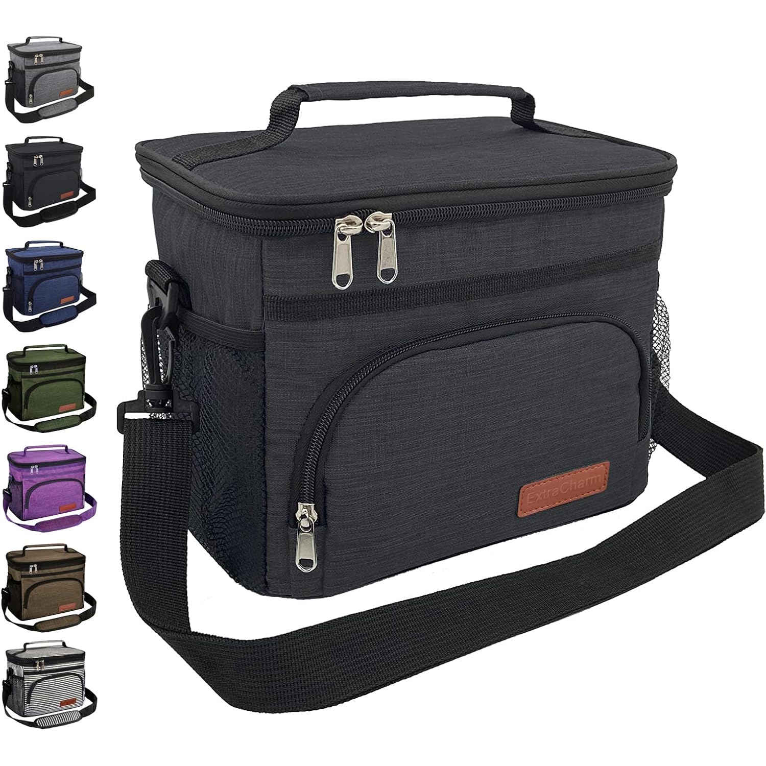 ExtraCharm Insulated Lunch Bag for Women/Men - Reusable Lunch Box for Office Picnic Hiking Beach - Leakproof Cooler Tote Bag Organizer with Adjustable Shoulder Strap for Adults - Black