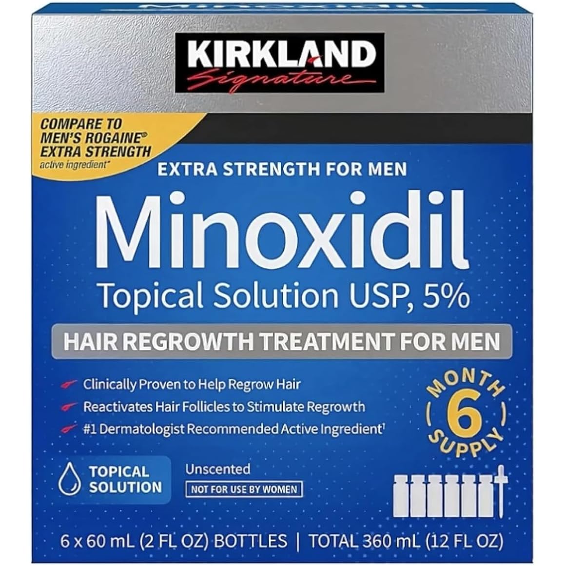 Kirkland Signature Minoxidil Topical Solution USP 5%, Extra Strength Hair Regrowth Treatment for Men, 6 Months Supply