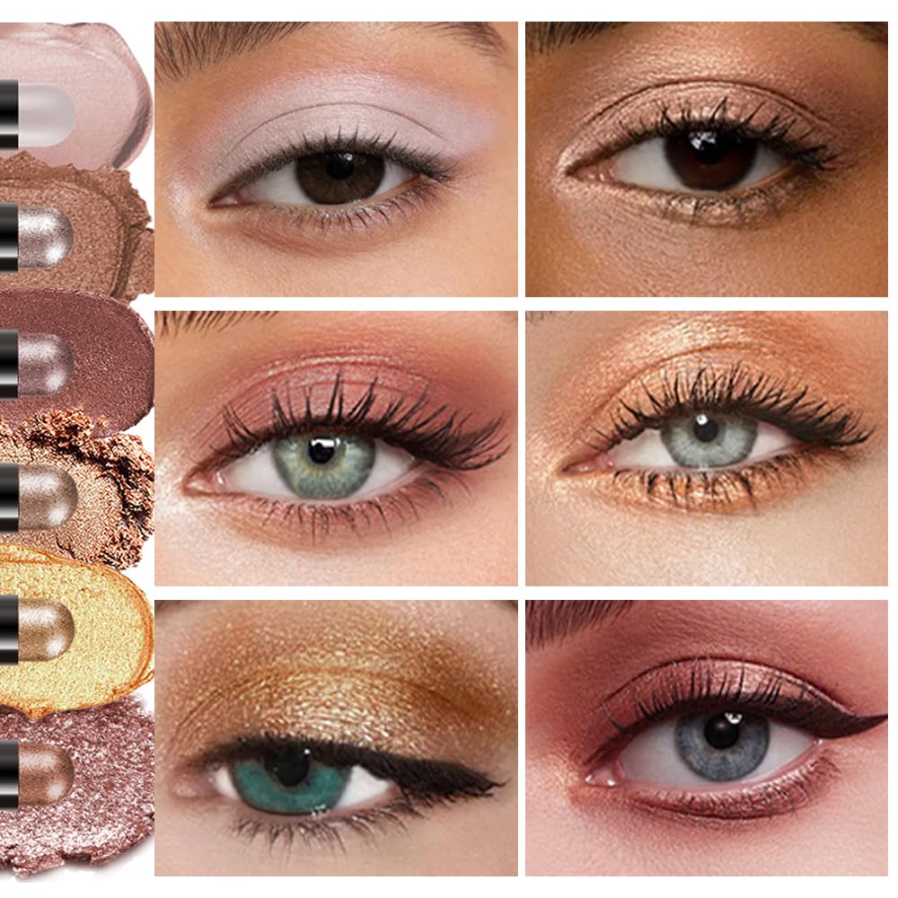 6 Colors Neutral Eyeshadow Stick Combo Set, Nude Brown Rose Gold Matte Shimmer Cream Eye Shadow Sticks Warm Tone Lazy Makeup For Daily & Party, Long Lasting, Waterproof, No Brush Needed, Set A