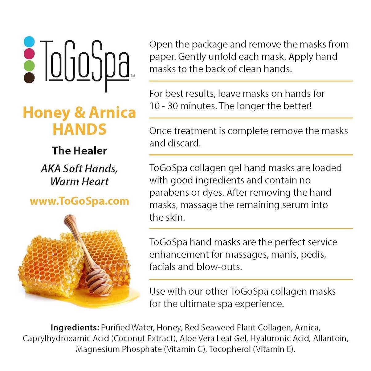 ToGoSpa, HANDS, Honey And Arnica Hand Mask Moisturizing Gloves, Moisturizer For Dry Cracked Hands, Overnight Gloves For Men And Women, Smooth Texture And Appearance, Pack Of 2