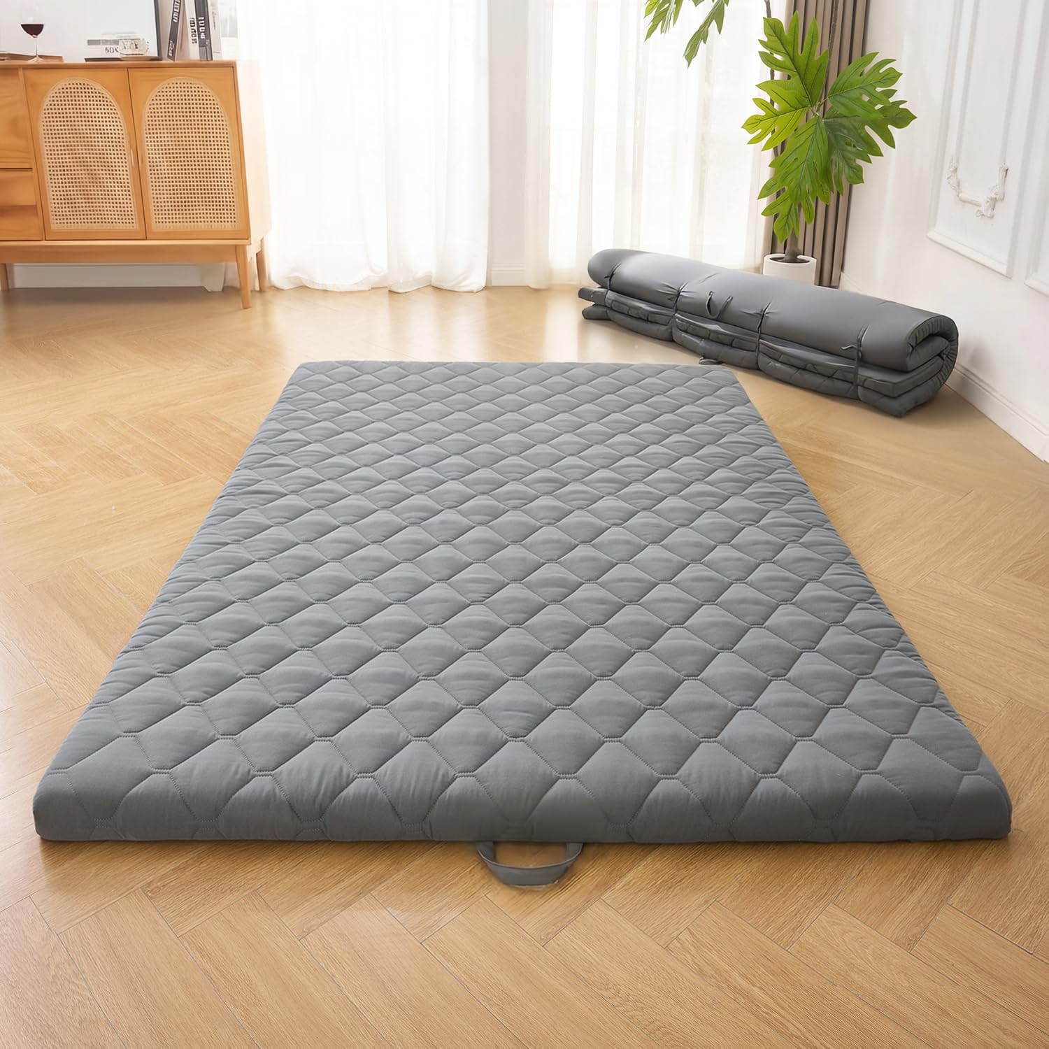 Japanese Floor Mattress, Futon Mattress Roll Up Tatami Mat With Handle, Foldable Floor Bed Sleeping Pad For Camping, Twin Size, Grey(39X75)