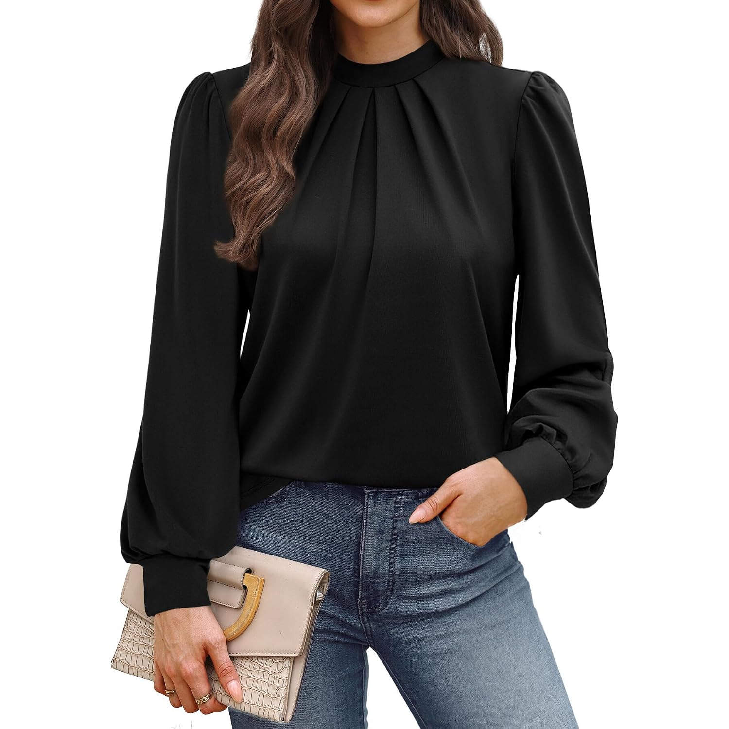 Wiholl Long Sleeve Shirts For Women Mock Neck Tops Pleated Front Blouses Dressy Casual Spring Fall Clothes 2026 Fashion