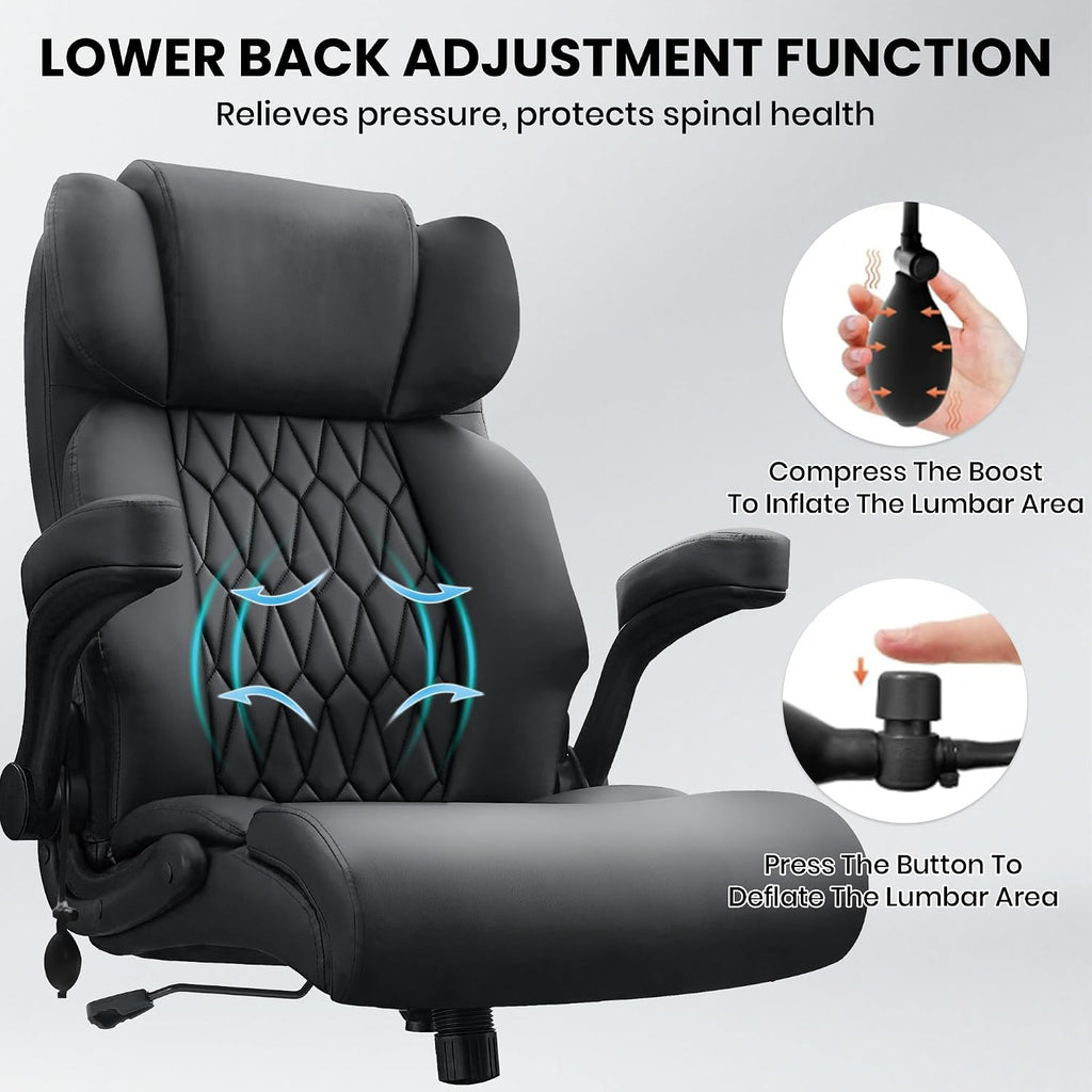 500Lbs Big And Tall Office Chair Adjustable Lumbar Support For Back Pain, Extra Wide Seat Executive Office Chair Thick Armrest Pad, Heavy Duty Base&Upgraded Wheels, Ergonomic Comfy Computer Desk Chair