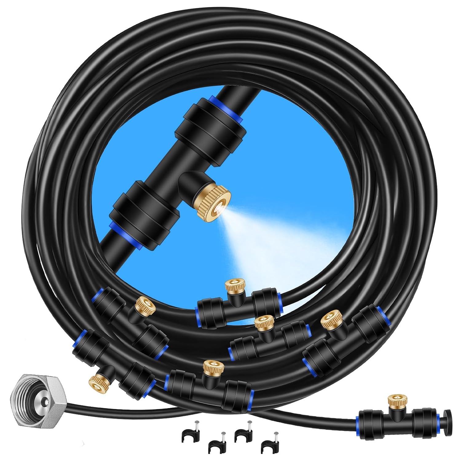 Goxawee Misting System, 26Ft (8M) Misting Line + 7 Brass Mist Nozzles + Brass Adapter(3/4"), Misters For Outside Patio Cooling Outdoor Garden Greenhouse Trampoline For Waterpark