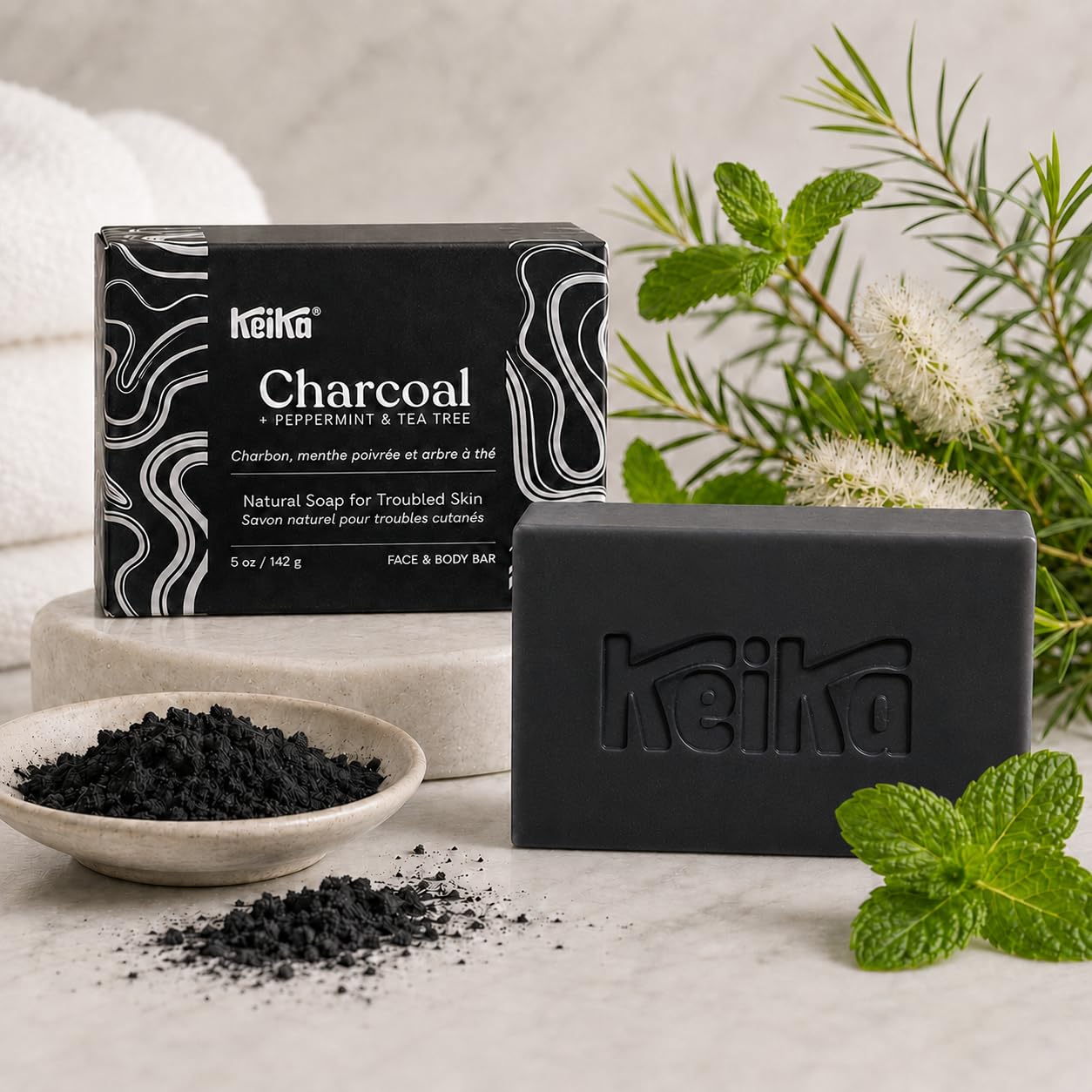 Keika Charcoal Black Soap Bar For Eczema, Psoriasis, Face, Body, Men Women Teens With Oily Skin, 5 Oz. (Charcoal, 3-Pack)