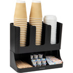 Mind Reader Condiment Station, 13 Inch Countertop Coffee Bar Organizer with 6 Compartments, Storage Caddy for Cups, Lids and Packets, Plastic, Black