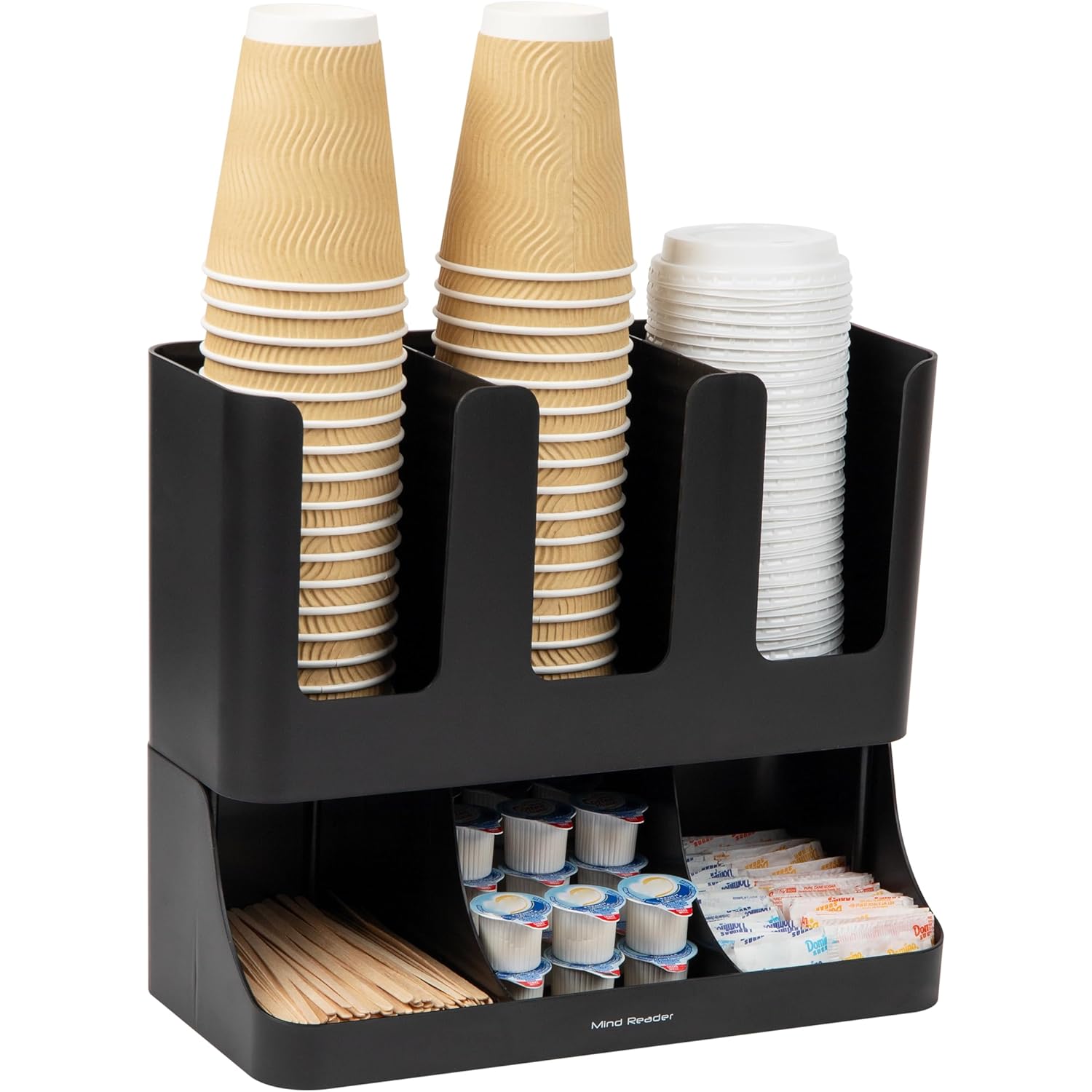 Mind Reader Condiment Station, 13 Inch Countertop Coffee Bar Organizer with 6 Compartments, Storage Caddy for Cups, Lids and Packets, Plastic, Black