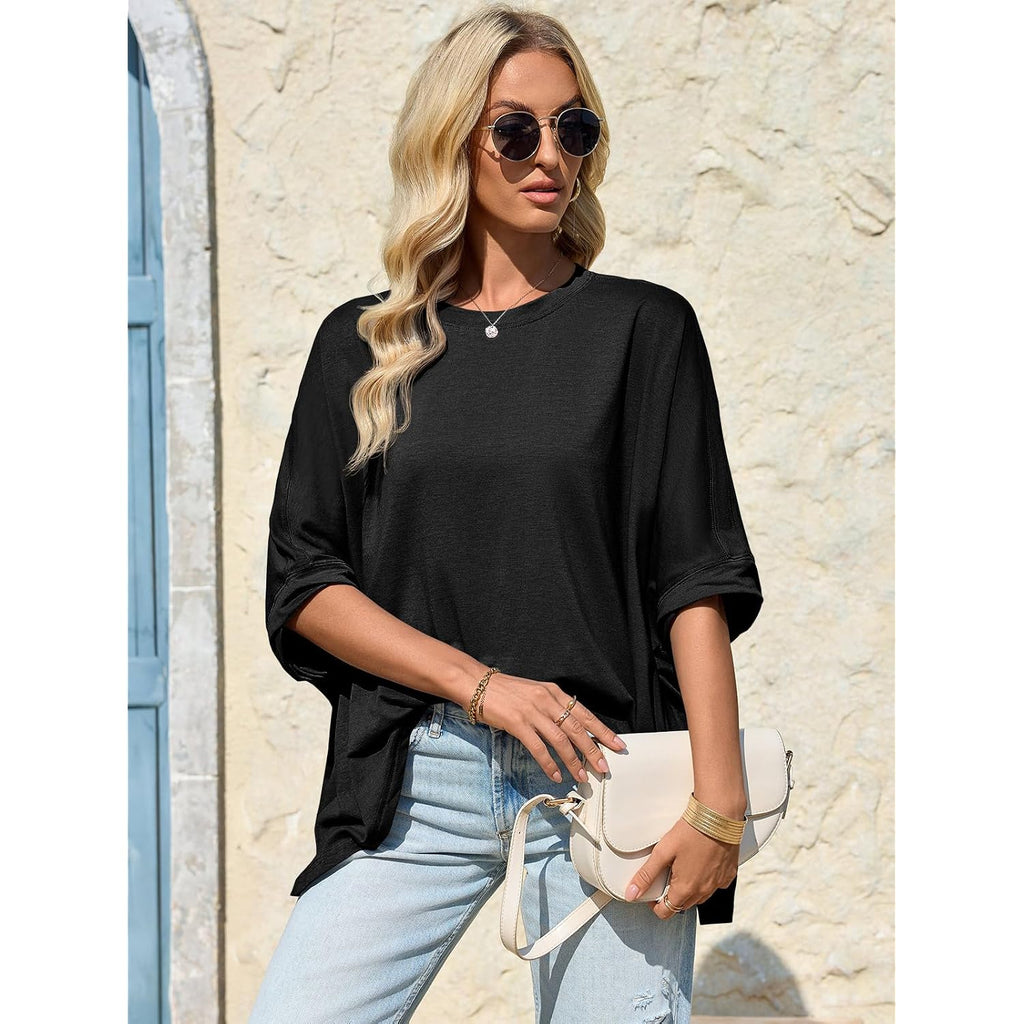 Tankaneo Womens Oversized Tshirts Batwing Short Sleeve Asymmetric Hem Tops Summer Casual Loose Fit Tunic Tee Shirts
