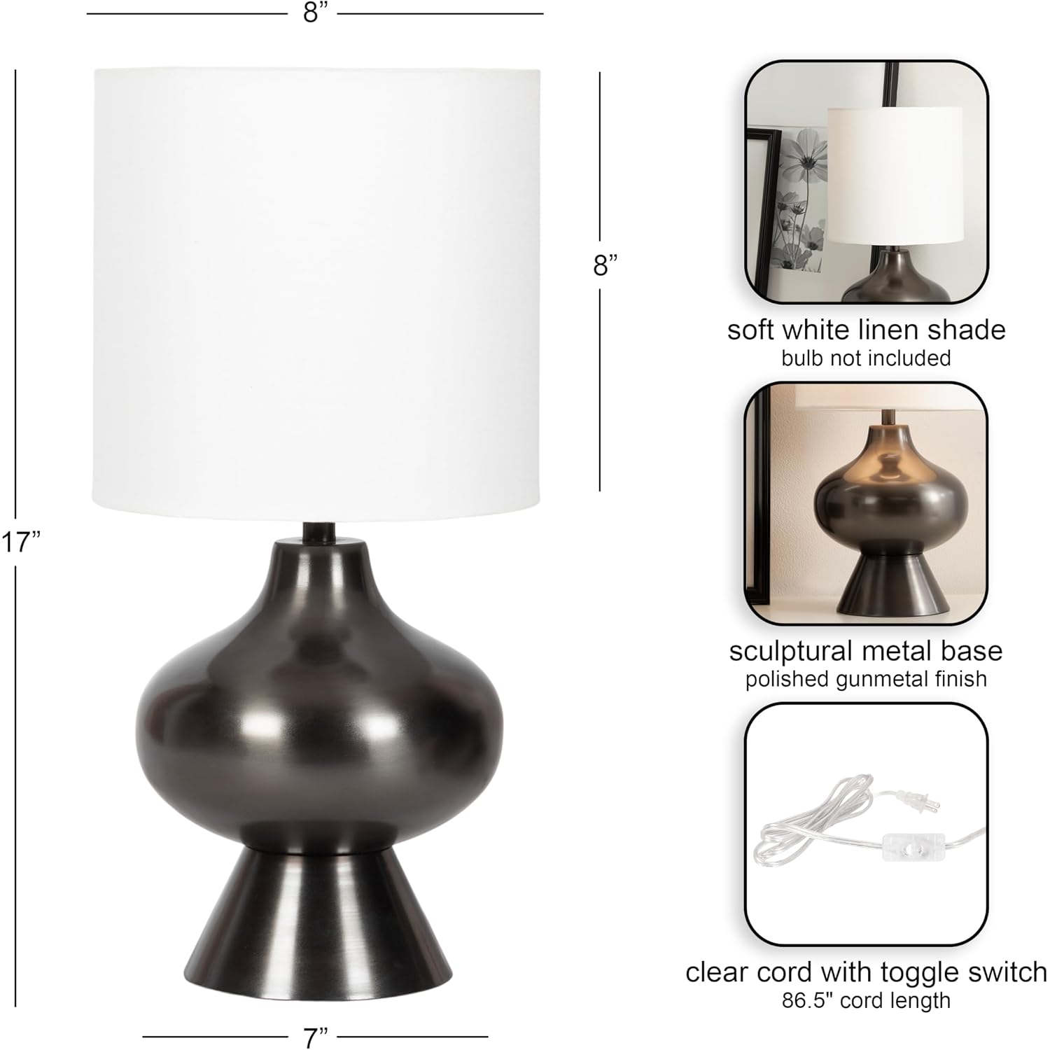 Kate And Laurel Bahira Modern Metal Bedside Table Lamp, 8 X 8 X 17, Gunmetal, Sculptural Decorative Tabletop Desk Lamp With Linen Shade For Living Room Decor