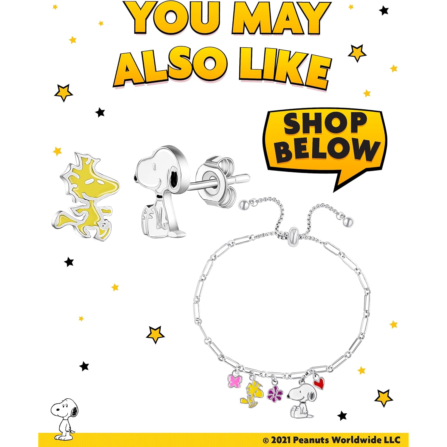 Peanuts Official Snoopy and Woodstock Necklaces, Silver Flash-Plated with Red Crystal Heart, Valentines Gifts for Her