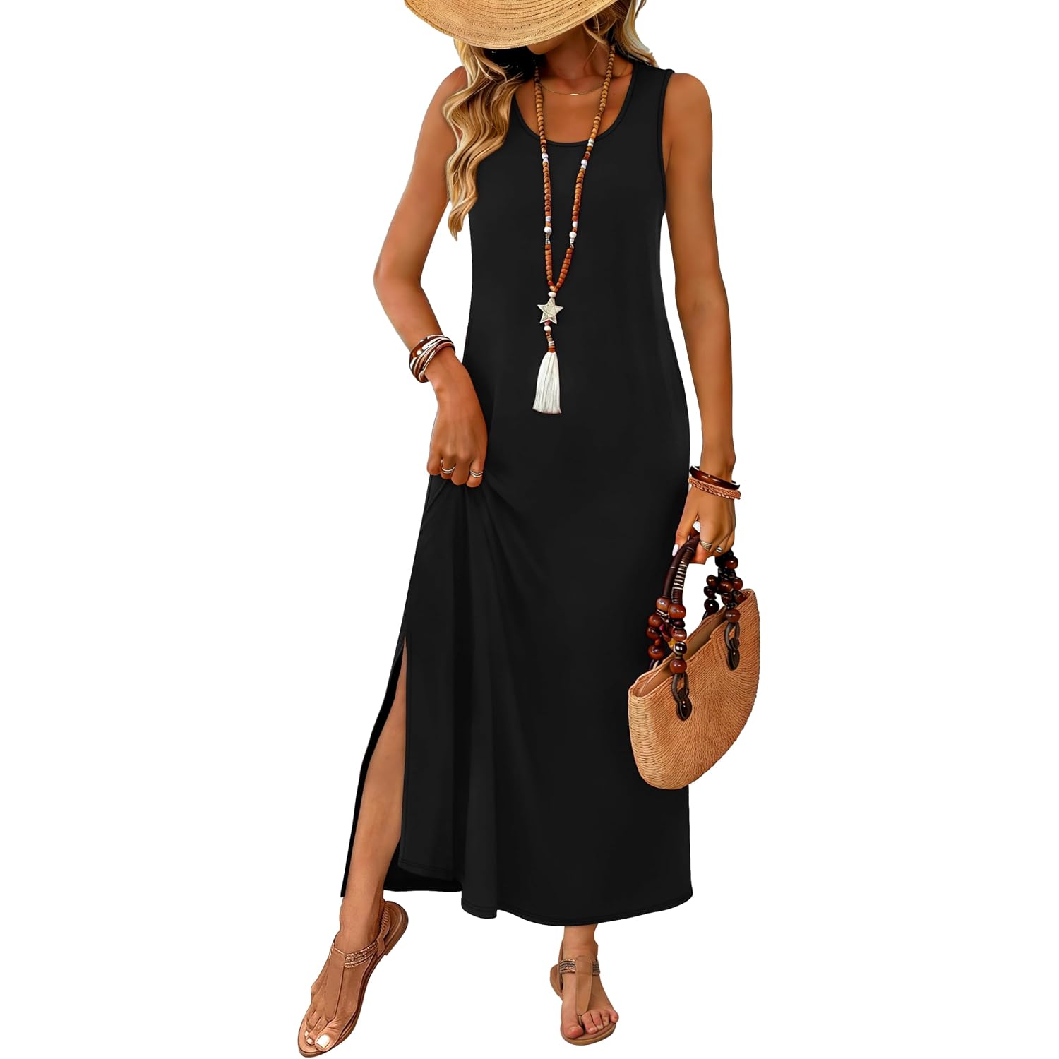 Wiholl Maxi Dress Summer Dresses 2026 Beach Vacation Clothes Sleeveless Sundresses With Pockets Boho S-3Xl