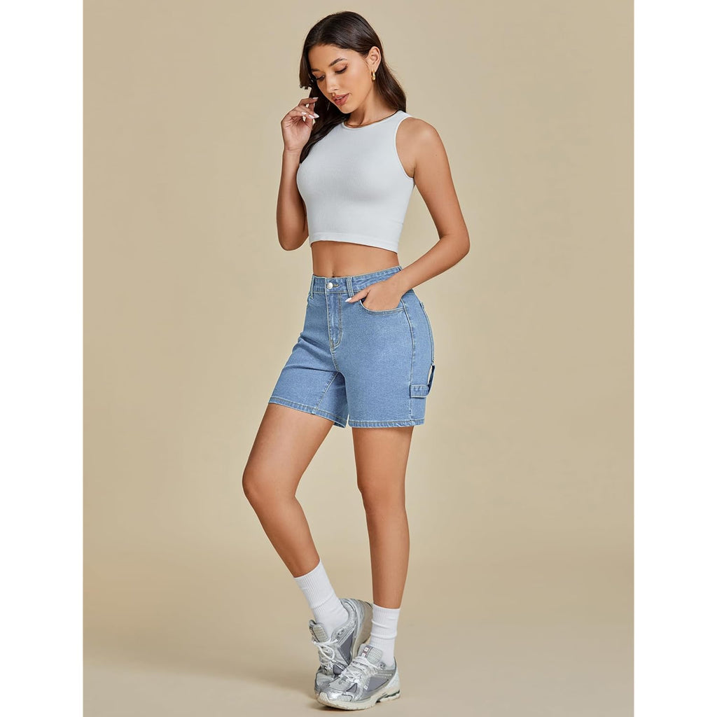 Jean Shorts for Women High Waisted Trendy Casual Utility Stretchy Denim Jorts Cutoff Long Shorts with Pockets