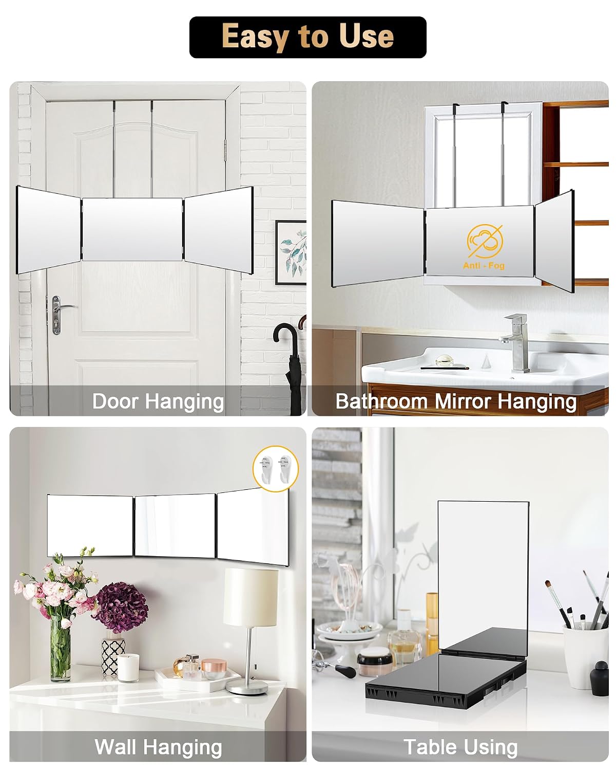 Jusron 360 Viewing Angle Self Hair Cutting Mirror, Clear Anti-Fog Hd Glass (Black Without Led Without Accessories)