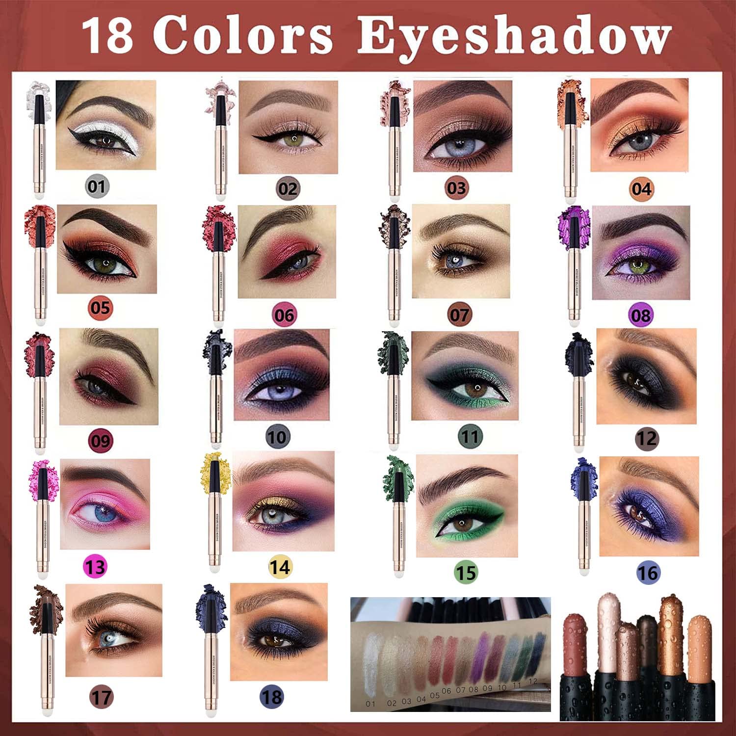 SAUBZEAN Rose Gold Eyeshadow Stick Makeup, Highlighter Matte Cream Eye Shadow Pencil, Waterproof Hypoallergenic Long Lasting Crayon, Glitter Primer Palette Shimmer Eyeliner Pen wiht Soft Brush