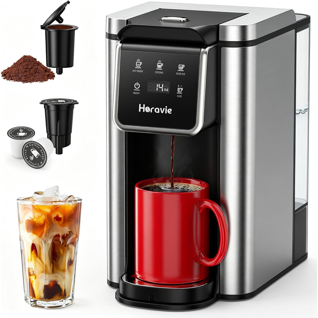Horavie Single Serve Coffee Maker For K-Cup Pod And Grounds, Hot & Iced Coffee Maker, Strong Button Feature, 6 To 14Oz Brew Sizes, 50Oz Removable Reservoir, Fit 6.5" Mugs, Stainless Steel, Black