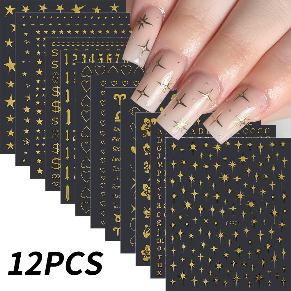 12 Sheets Gold Star Nail Art Stickers 3D Self Adhesive Flower Heart Letter Number Nail Decals Gold Metal Star Nail Art Supplies Manicure Decorations for Women Acrylic Nails DIY Accessories