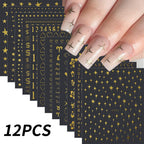 12 Sheets Gold Star Nail Art Stickers 3D Self Adhesive Flower Heart Letter Number Nail Decals Gold Metal Star Nail Art Supplies Manicure Decorations for Women Acrylic Nails DIY Accessories