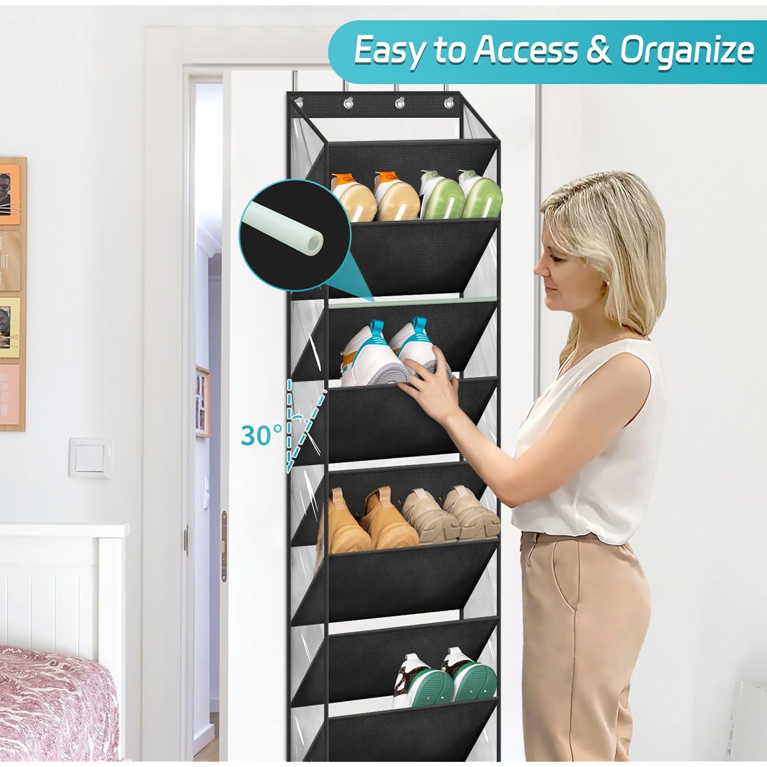 10 Tier Clear Over The Door Shoe Organizer Storage, Deep Pockets Large Hanging Shoe Rack For Closet Door, Fit 20 Pairs Shoe Holder Hanger For Sneakers, Boots (Black)