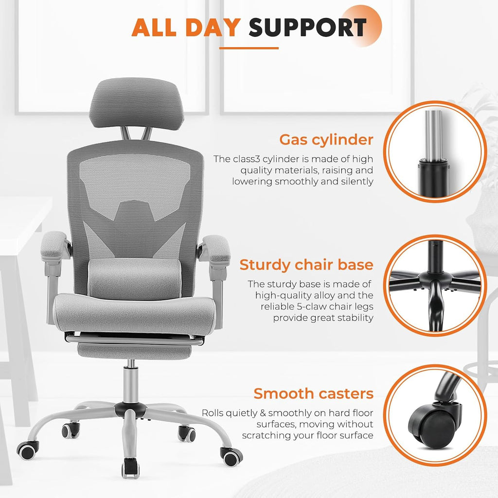 Sweetcrispy Office Computer Desk Chair With Footrest,Ergonomic High-Back Mesh Rolling Work Swivel Chairs With Wheels,Comfortable Lumbar Support,Comfy Arms For Home,Bedroom,Study,Student,Light Grey